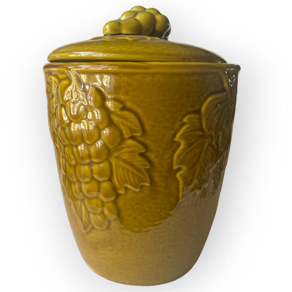 Vintage Cookie Jar Canister Olive Green Grape Motif Maddux  California Pottery